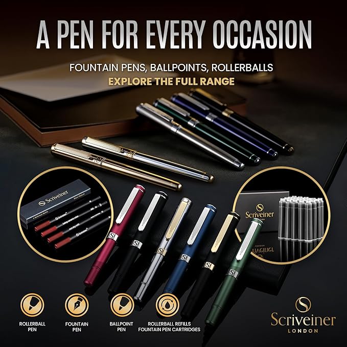 Scriveiner Luxury EDC Fountain Pen (Fine), Stunning Matt Red Pocket EDC with Chrome Finish, Schmidt German Nib, Converter, A Great Writing Gift Set for Men & Women, Nice Fancy Office Designer Pen
