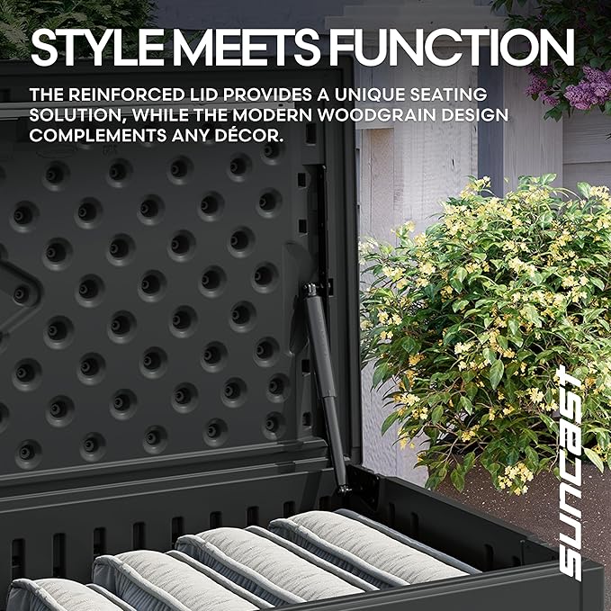 Suncast 80-Gal. Waterproof Resin Large Outdoor Patio Deck Box with Pad-Lockable Lid, Modern Outdoor Patio Bench/Storage Box for Cushions, Garden Tools, and More, Iron Ore