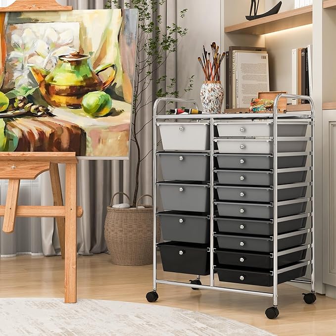 DORTALA 15-Drawer Rolling Storage Cart with Drawers, Rolling Utility Cart w/Removable Drawers & Universal Wheels, Tools Scrapbook Paper Organizer for School, Office, Home, Classroom (Gradient Black)