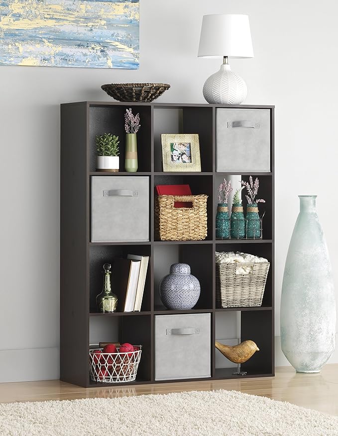 Whitmor 12 Cube Bookcase, 4 Tier Stackable MDF Bookself, Open Storage Display Organizer, Storage Cabinet for Living Room, Bedroom, Home, Office, 35.1" L x 11.7" W x 47.5" H, Espresso