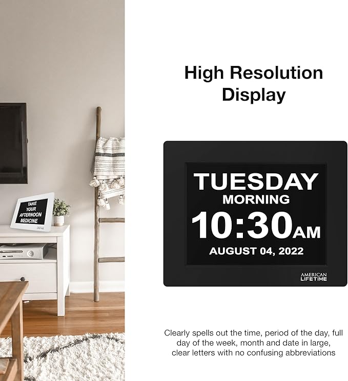 American Lifetime New 2026 Dementia Clock Large Digital Clock for Seniors, Large Display with Custom Alarms, Calendar Clock with Day & Date for Elderly, Clear Numbers Alzheimer Digital Clock Black
