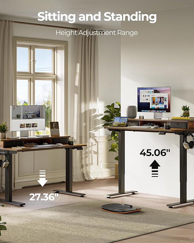 FEZIBO 40 x 24 Inch Height Adjustable Electric Standing Desk with Double Drawer, Stand up Home Office Computer Desk with 4 Height-Adjustable Feets & 2 Hooks, Rustic Brown