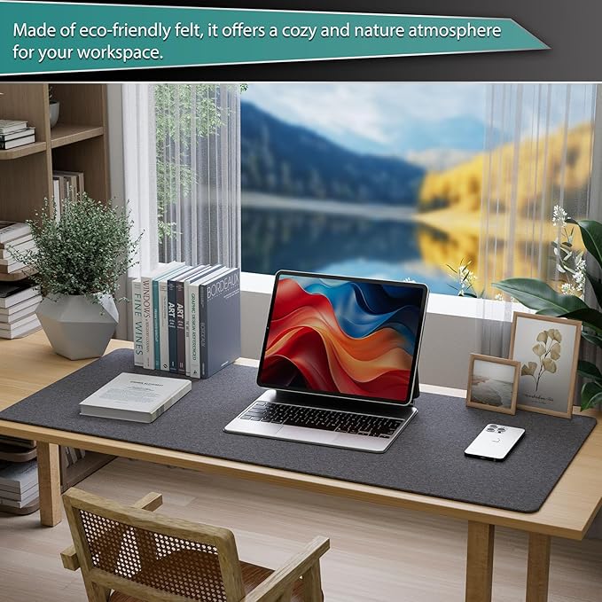 K KNODEL Felt Desk Mat, Large Desk Pad Protector, Office Computer Desk Mat for Keyboard, Non-Slip Mouse Pad (Dark Gray, 35.4"x15.7")