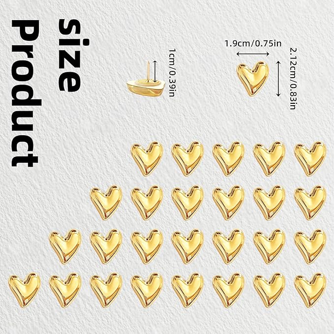 CllyCnny Heart Push Pins: 50PCS Cute Decorative Push Pins Gold Heart Thumb Tacks for Cork Board Wall Bulletin Board Maps Photos Posters Home Office Supplies Accessories