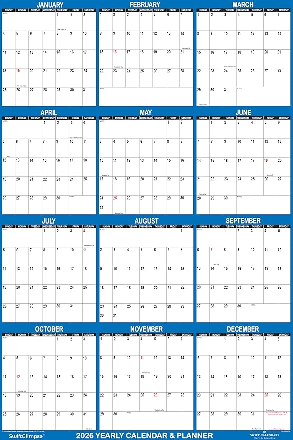 32" x 48" SwiftGlimpse 2026 Wall Calendar Erasable Large XL Wet & Dry Erase Laminated 12 Month Annual Yearly Wall Planner, Reversible, Navy