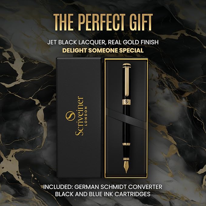 Scriveiner Luxury Fountain Pen - Stunning Black Lacquer Pen, Real Gold Finish, Schmidt Gilded Nib (Extra Fine), Converter, Best Pen Gift Set for Men & Women, Professional, Executive, Office, Nice Pens