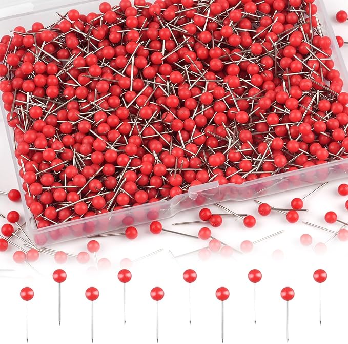 1000 Pcs Multi-Color Push Pins, Map Pins for Travel Map, Small Map Tacks with Plastic Beads Head for Cork Board (Red, 1/8 ")