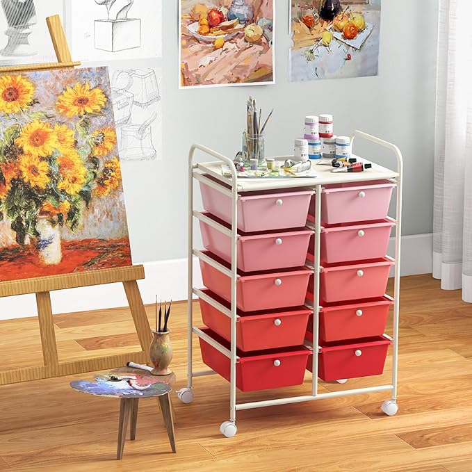 GLACER 10 Drawer Rolling Cart, Storage Cart with Lockable Whieels & Metal Frame, Trolley for Art Craft Oganizer, Mobile Utility Cart for Office, School, Classroom, Kitchen (Pink Gradient)