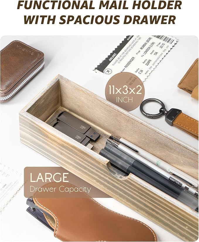 Rebee Vision Farmhouse Mail Organizer Wall Mount – Decorative Key and Mail Holder for Wall with Drawer Organizer and 7 Key Hooks – Apartment Essentials for Home Decor (Natural Wood)