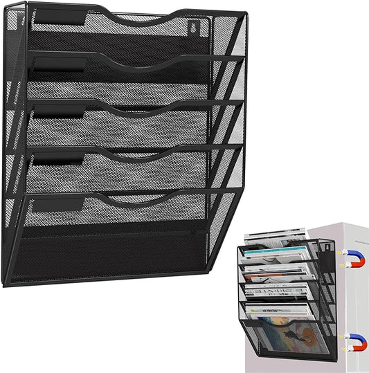 LQPAFZ 5-Tier Magnetic File Holder, No Drilling Installation File Cabinet Organizer, Black Magnetic File Organizer, Magazine Rack, Magnetic Paper Holder for Refrigerator, File Cabinets, Whiteboard