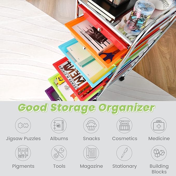 GLACER 10 Drawers Rolling Cart, Storage Cart with w/Removable Drawers & Steel Frame, Utility Mobile Trolley w/Universal Casters & 2 Brakes, Organizer Cart for Home, School, Office (Multicolor)