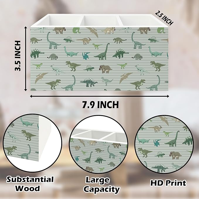 QZQE Dinosaur Gifts Pen Pencil Holder Organizer for Desk, Dinosaur Gifts for Boys Kids, Dino Striped Wooden Box Signs Decorations for Home Classroom Kids Boys Room Bedroom Desk Tabletop