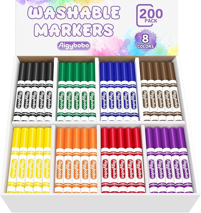Aigybobo 200 Count Washable Markers Bulk, 8 Assorted Colors, Broad Line Conical Tip Coloring Marker for Kids, Markers Bulk Pack for Classroom, School Art Supplies & Back to School Supplies