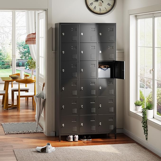 SUPEER Metal Lockers for Employees with 18 Doors, Metal Locker with Lock for School Garage Office Gym Home,Assembly Required,Black