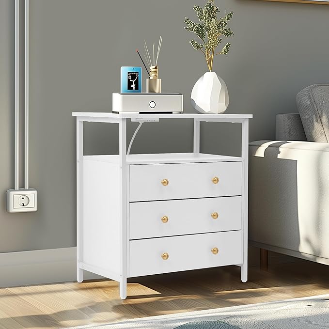Edbuosy 3 Wooden Drawers Nightstand, 27 Inch Wide Night Stand Set 2 with Charging Station and Adjustable Drawers, Small Dresser for Closet, Bedside Table for Living Room/Bedroom/Office, White.