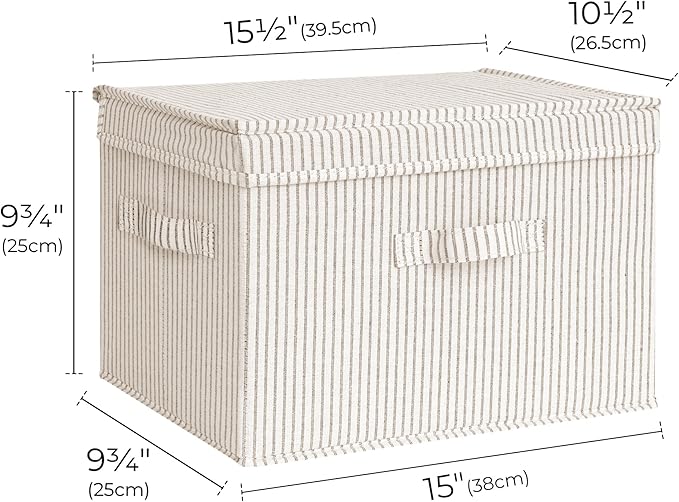 StorageWorks Fabric Storage Bins with Lid, Decorative Storage Boxes for Shelves, Stackable Closet Organizer Basket with Handles, Large, Stripes, 2-Pack