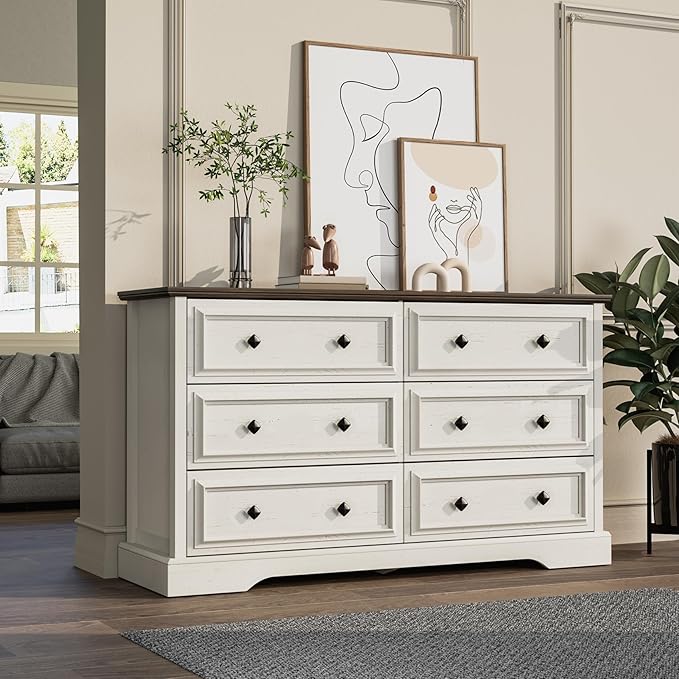 VVFLU Farmhouse 6 Drawer Dresser for Bedroom, 54" Wide Wood Dresser with Natural Texture, Rustic Chest of Drawers for Bedroom with Vintage Metal Hands, for Living Room, Hallway, Antique White