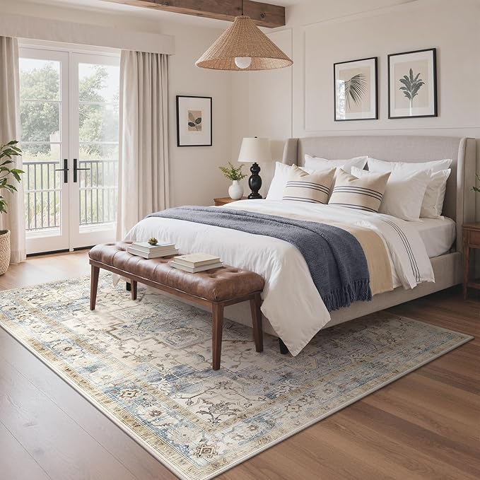 GENIMO 8x10 Area Rugs for Living Room, Machine Washable Rug, Non Slip Indoor Vintage Rug, Low Pile Lightweight Chenille Print Carpet for Bedroom Dining Room Home Office, Mint Sage