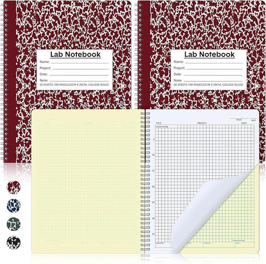 Affrolling 2 Pack Carbonless Lab Notebook Carbon Copy 8.5'' x 11'' 50 Sets of Pages 100 Pages Total Laboratory Engineering Chemistry Computation Notebook Science Grid Coil Binding(Wine Red and White)
