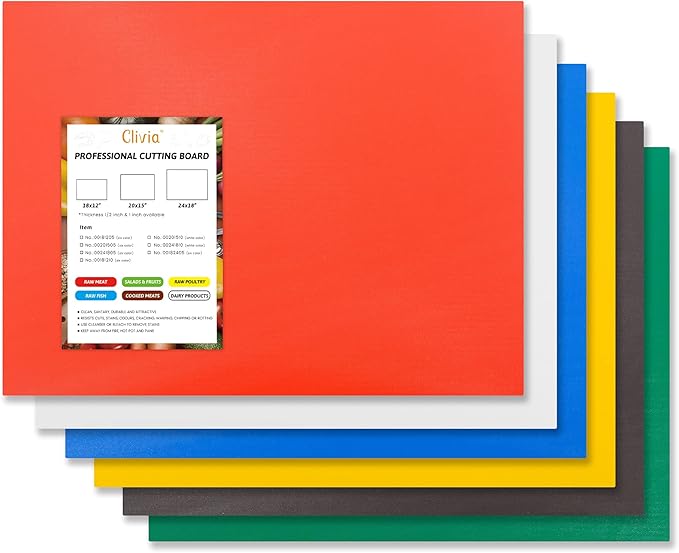 CLIVIA Commercial Grade Cutting Board for Kitchens,Plastic Chopping Board, 20 x 15 x 1/2 Inch, Multi-Color 6 of Pack Set,NSF Certified,for Vegetable Meat or Cheese
