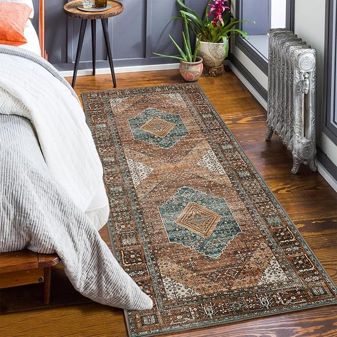 GENIMO 2x10 Runner Rugs for Hallway, Machine Washable Non Slip Vintage Rugs, Low Pile Lightweight Soft Print Rug for enrtyway, Corridor, Home Office, Kitchen, Vintage Brown/Blue