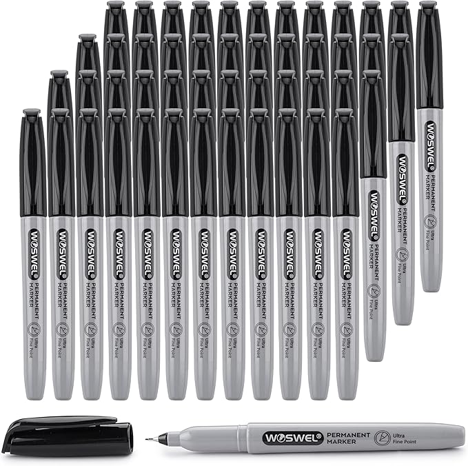WOSWEL Permanent Markers Bulk, Ultra Fine Point, 48 Pack Black Permanent Marker set, Felt Tip Pens Works on Plastic, Wood, Stone, Metal and Glass for Doodling, Marking