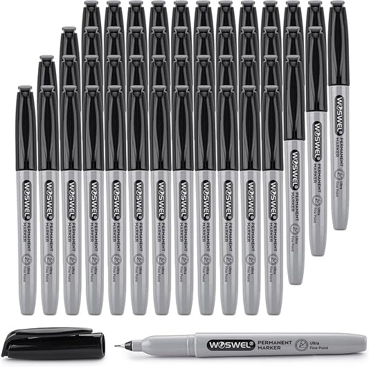 WOSWEL Permanent Markers Bulk, Ultra Fine Point, 48 Pack Black Permanent Marker set, Felt Tip Pens Works on Plastic, Wood, Stone, Metal and Glass for Doodling, Marking