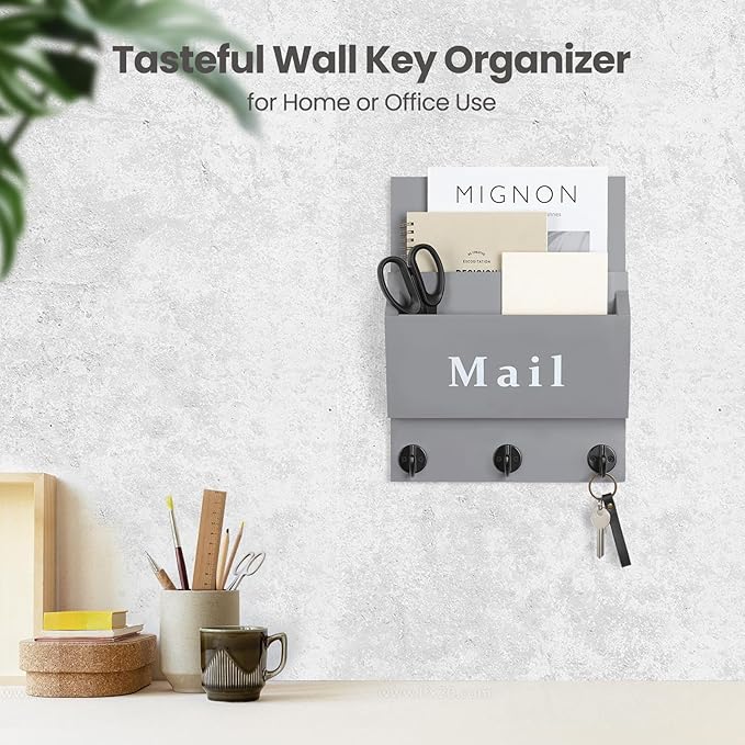Lucundm Mail and Key Holder - Decorative 9.8" x 12.5" Wall Key Hanger with 2 Mail Organizer Slots and 3 Hooks - Real Paulownia Wood with Keyhole Brackets, Hardware and Instructions (Gray)