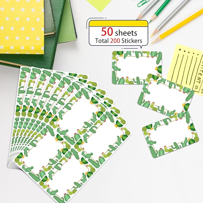 Wonmon 200 PCS Cactus Name Tags Stickers, Self Adhesive Cute Cactus Name Tag Labels Stickers for Back to School Classroom Student Office Desk Cubby Locker Themed Party, 2x3 inch