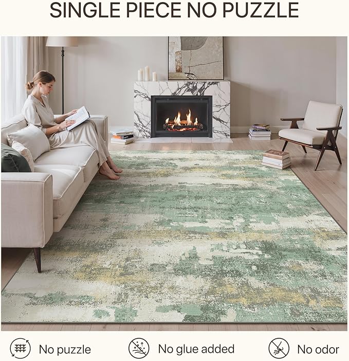 GENIMO No Crease Non Slip 9x12 Area Rugs for Living Room, Craft Woven Modern Abstract Rug, Soft Floor Carpet, Single-Piece Rugs for Bedroom, Dining Room, Office,Green Gray