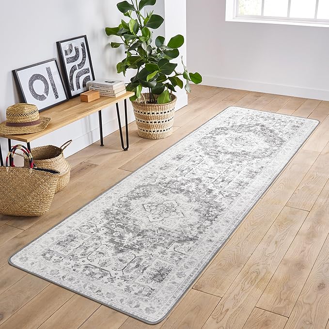 GENIMO 2x10 Runner Rugs for Hallway, Machine Washable Non Slip Vintage Rugs, Low Pile Lightweight Soft Print Rug for enrtyway, Corridor, Home, Office, Kitchen, Gray