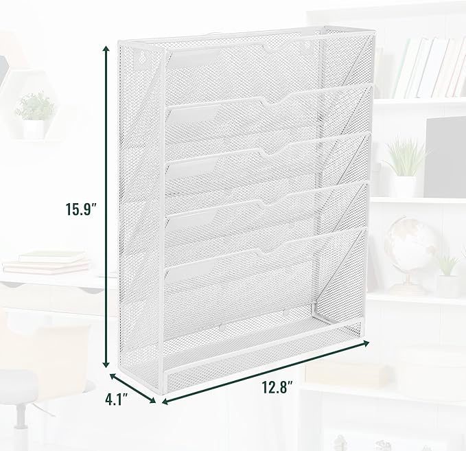 EASEPRES 6 Tier Mesh Hanging Wall File Organizer, Desk Vertical Mail Paper Document Folder Holder Rack with Bottom Tray and Nametag Label for Office Home School, White