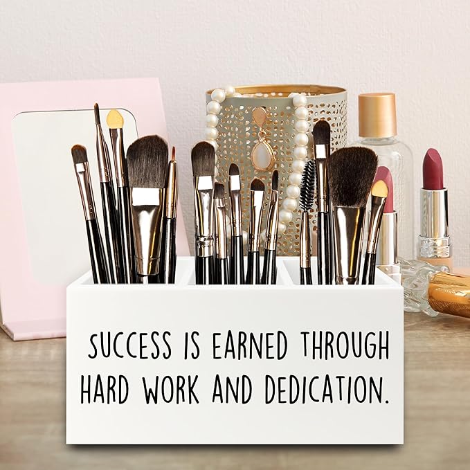 QZQE Motivational Gifts Pen Pencil Holder Organizer for Desk, Success Is Earned Through Hard Work and Dedication Inspirational Wooden Box Signs Decorations for Home Office Desk Tabletop