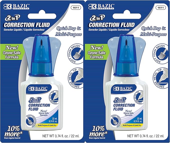 BAZIC Products Correction Liquid 2 in 1 (0.74 oz / 22 ml), Foam Brush & Precise Metal Tip Applicator, Instant Corrections Pen White Out Wipe Out Fluid, 2-Pack