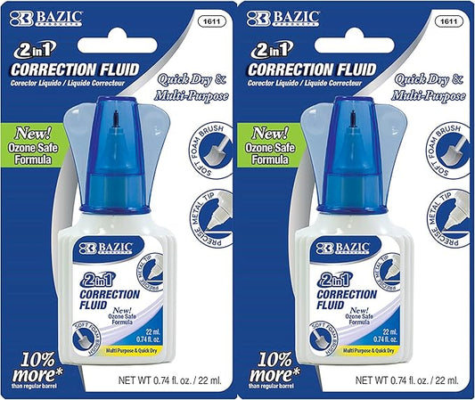 BAZIC Products Correction Liquid 2 in 1 (0.74 oz / 22 ml), Foam Brush & Precise Metal Tip Applicator, Instant Corrections Pen White Out Wipe Out Fluid, 2-Pack