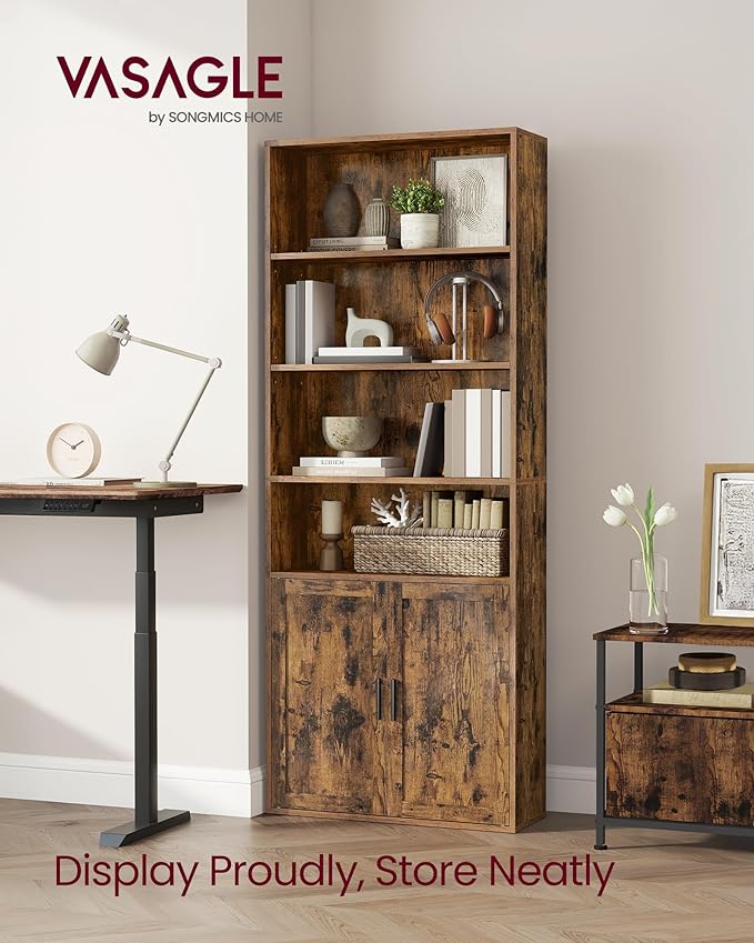 VASAGLE Custos Collection - Bookshelf, 6-Tier Tall Bookcase, Book Shelf with Doors, Open Storage Shelf, 9.4 x 23.6 x 68.9 Inches, for Living Room, Home Office, Dining Room, Rustic Brown ULBC402K01