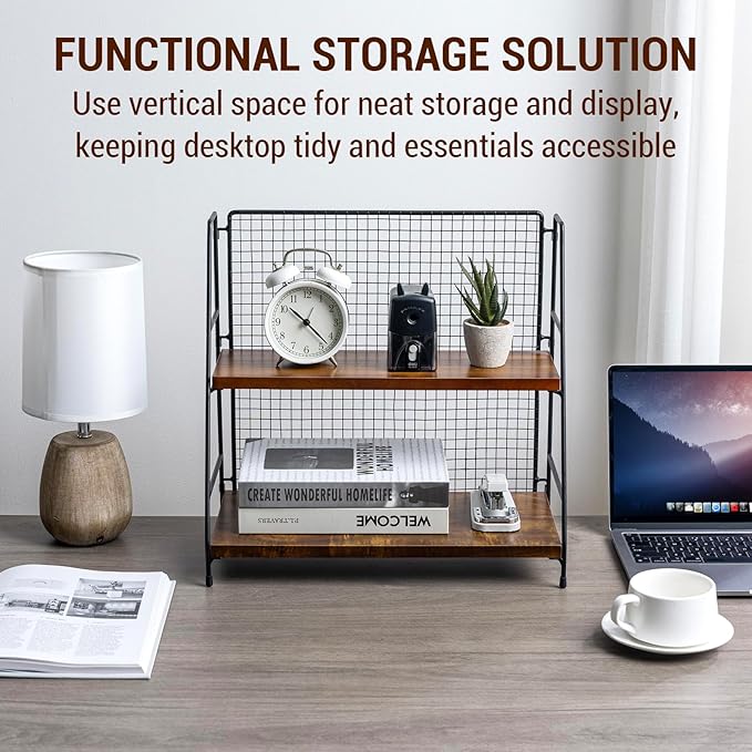 MyGift 2 Tier Premium Acacia Solid Wood Desk Shelf with Industrial Matte Black Metal Mesh Design, Rustic Wooden Desktop Office Supplies Storage Organizer