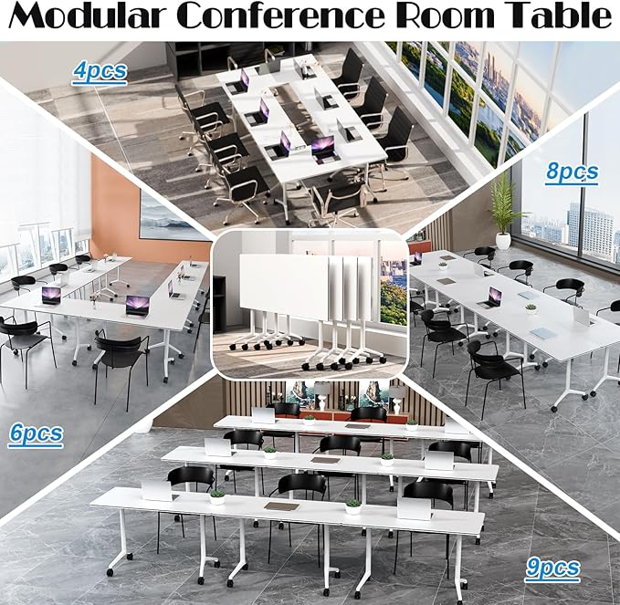 WYMHYZ Conference Table Flip Top Mobile Conference Room Tables,Folding Conference Table with Wheels,Large Meeting Training Seminar Table Saving Space for Office Classroom (4, White, 47.2'')