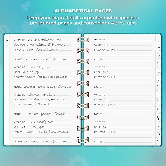 Clever Fox Password Book Spiral – Mini Internet Address & Password Organizer with Laminated Alphabetical Tabs – Small Password Keeper Journal – Hardcover, Pocket Size, 4.7x5.7” (Turquoise)