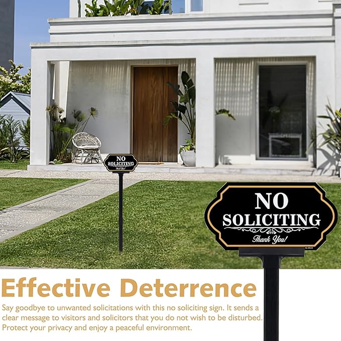 No Soliciting Sign for House with Stake - 40-mil Thick Aluminum - 5x10 Inch/37 Inch High - Adjustable Height - Outdoor Yard Sign for Home and Front Door (A1513)