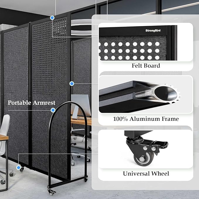 Folding Room Partition,Freestanding Privacy Divider,Portable Office Divider Wall,Commercial Space Partition Screen,Perforated Felt Panel Design,18'5"W x 6'7"H,7 Panel,Dark Grey