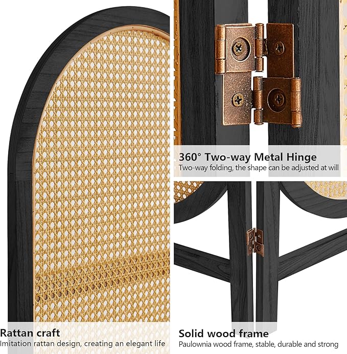 Asnefeli Room Divider 3 Panel, Hand-Woven Rattan Room Divider with Wooden Frame, Unique Design Foldable Privacy Screen, Portable Freestanding Partition Screen for Home Office, Bedroom, Black