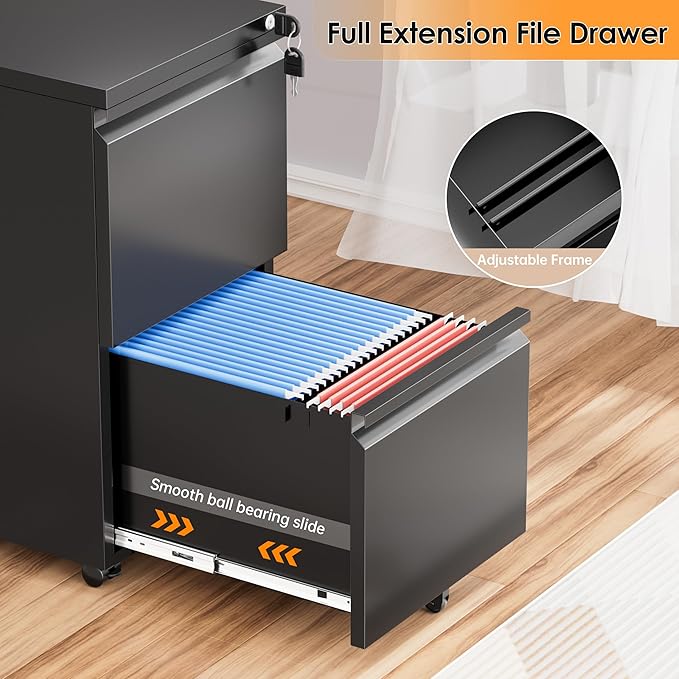INTERGREAT 2 Drawer File Cabinet with Wheels, Metal Filling Cabinet with Lock, Locking Office Mobile Cabinet with Wheels for Legal/Letter Size, Under Desk, Easy Assemble, Black
