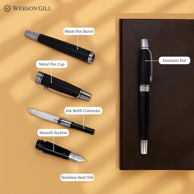 Webson Gill Show Up' Black Luxury Executive Fountain Pen, Woven Lacquer & Chrome, Medium Nib, Smudge Free, No Bleed, Use Any Fountain Ink with Included Converter, Fits Cartridges (sold separately)