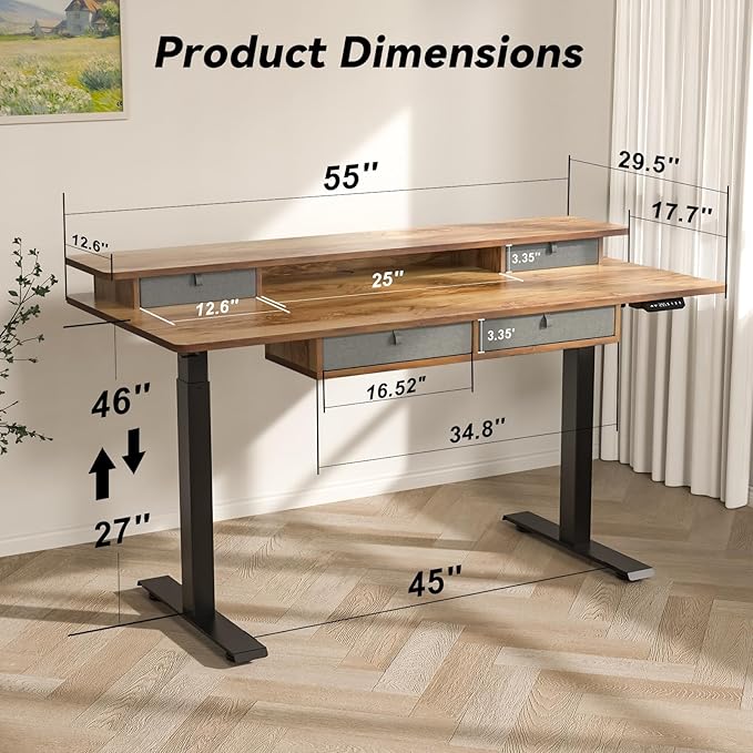 FiCiHi Adjustable Height Standing Desk with 4 Drawers,55 x 30 inches Electric Sit Stand Home Office Desk with Two Tiers, 3 Memory Presets, Monitor Stand Riser, USB A/C Charging Port