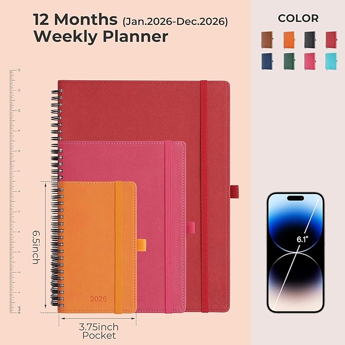 IN-LUXPRO Planner 2026 Daily Weekly and Monthly,6.5"x3.75",12 Months Spiral Bound Calendar Agenda with Self-adhesive Pen Holder,2026 Appointment Book with Vegan Leather Soft Cover,Red