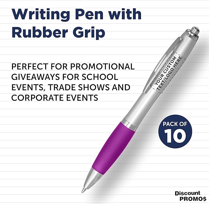 DISCOUNT PROMOS Personalized Ballpoint Pens With Rubber Grip, 10 pack Customizable Ergonomic Click-to-Write Custom Writing Pens for School with Black Ink, Purple