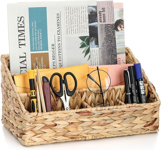Boershun Desk Organizer – Countertop Mail Organizer, Magazine Holder, Boho Decor Water Hyacinth Desk Mail Holder for Home Office, Farmhouse, 12.6" L x 6.7" W x 6.3" H