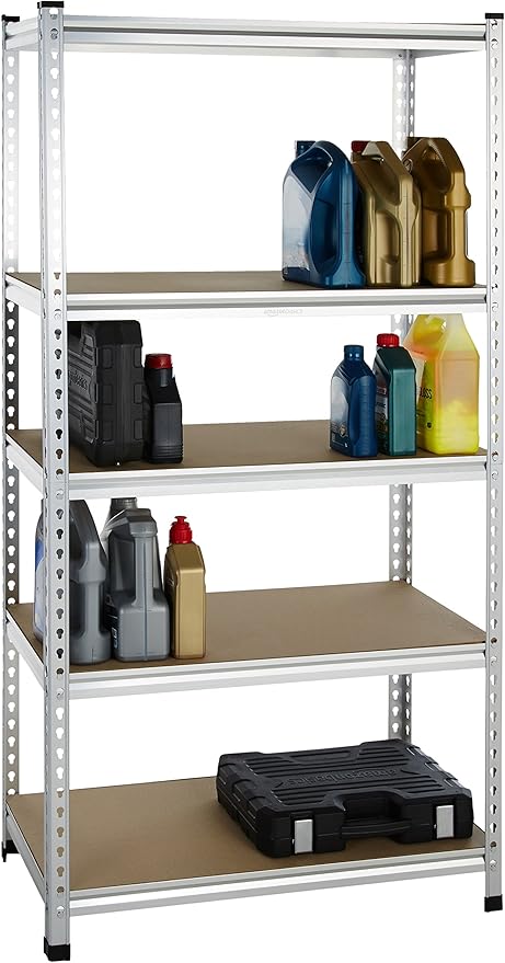 Amazon Basics Double Post Press Board 5 Tier Shelf 36 x 18 x 72, Aluminum | Medium Duty, Storage, Shelving