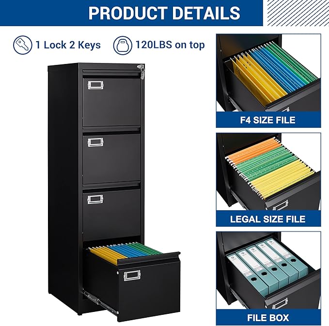 Fesbos File Cabinet - 4 Drawers Vertical 17.8" Deep Lockable Filing Cabinet Black Metal Storage Cabinets for Home Office to Hanging Files Letter/Legal/F4/A4 Size